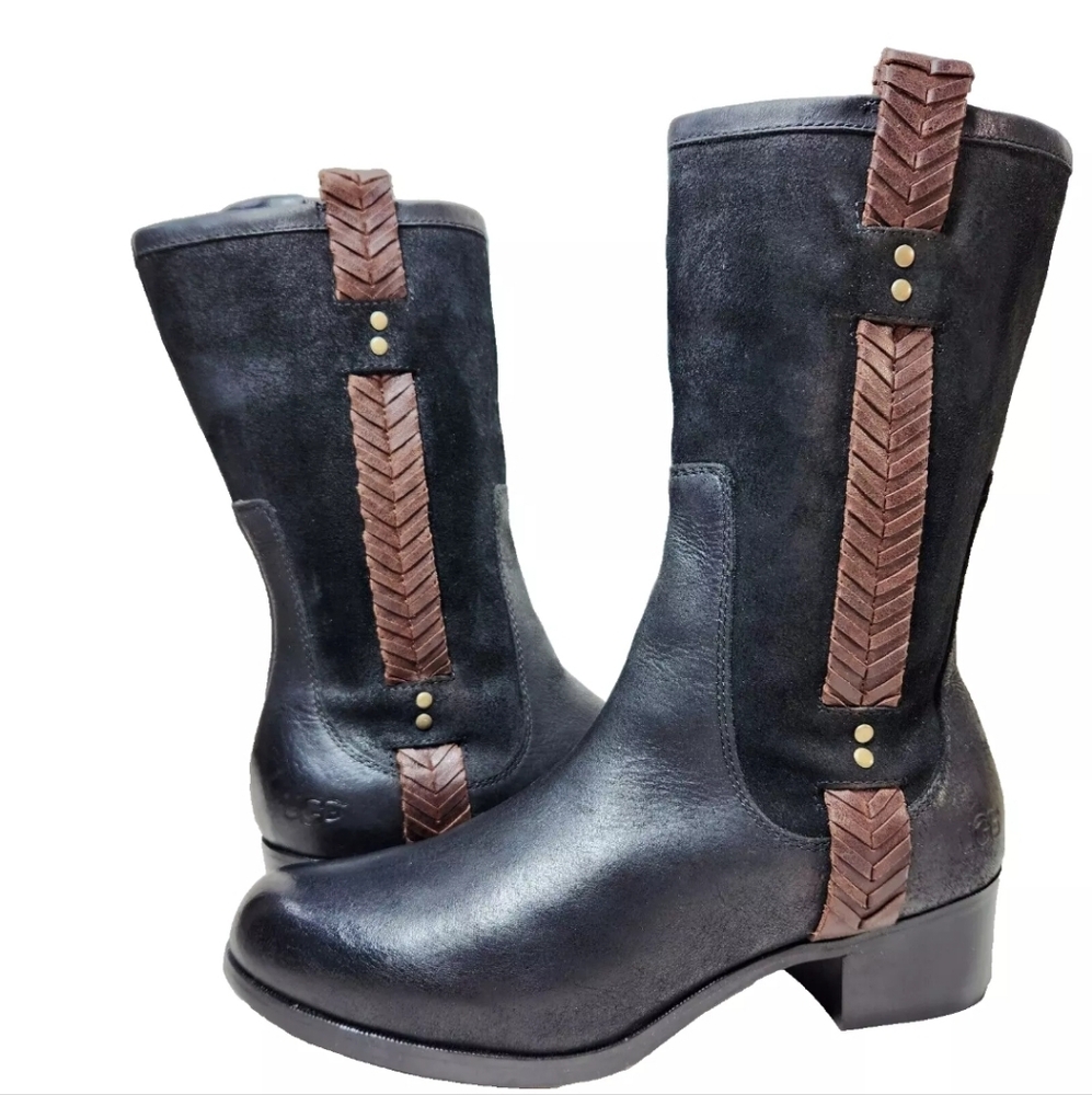 UGG Jaspan Boots Sz 12 Black Leather Suede Boho Equestrian 1004206